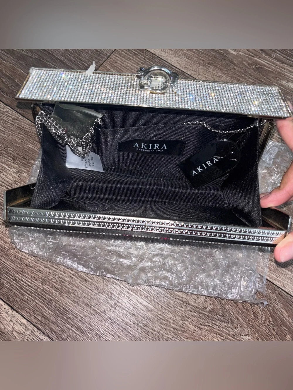 AKIRA Pink Crystal Money Bill Clutch with Silver Chain Strap